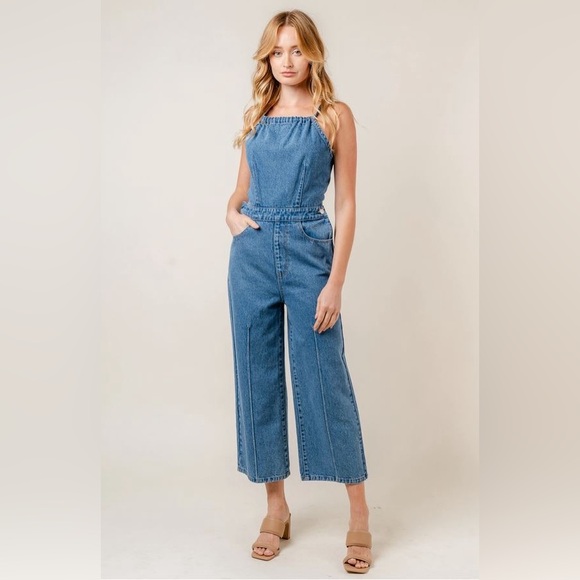 Fore Collection Pants - Fore Collection Denim Straight Leg Halter Jumpsuit